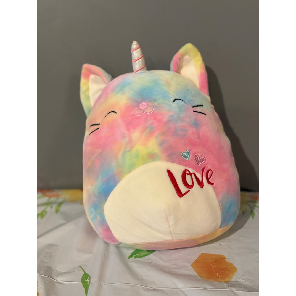 Squishmallows Kellytoy Rainbow Tie Dye Caticorn Love Hearts Plush Stuffed Animal